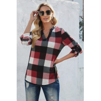 Red Contrast Plaid V Neck Long Sleeve Top