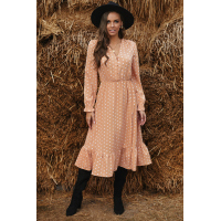 Apricot Button Polka Dot High Slit Ruffled Midi Dress