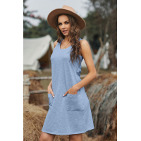 Sky Blue Sleeveless Pocketed Casual Swing Mini Dress