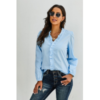 Sky Blue Long Sleeve Ruffles Casual Blouse