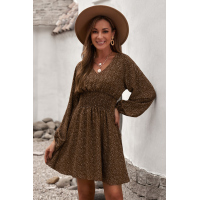 Brown V Neck Balloon Sleeve Smocked Waist Printed Mini Dress