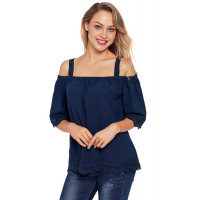 Navy Blue Crochet Lace Trim Cold Shoulder Blouse