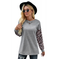 Gray Crisscross V Neck Leopard Sleeve Blouse