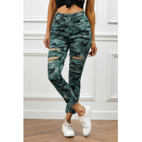 Green Camouflage Hollow out Skinny Jeans with Pocket