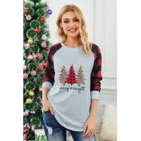 Red Plaid Splice Christmas Tree Print Long Sleeve Top