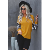 Yellow V Neck Leopard Stripe Splice Lantern Sleeve Top