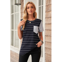 Black Striped Short Sleeve Contrast Color T-Shirt with Pocket