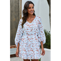 Sky Blue V Neck Lantern Sleeves Floral Tunic Dress