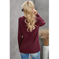 Wine V-neck Button Solid Color Long Sleeve Top