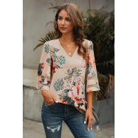 Apricot 3/4 Flared Sleeve Floral Blouse