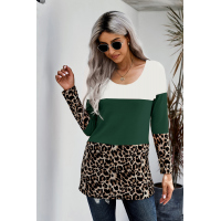 Green Colorblock Leopard Triple Patchwork Long Sleeve Top