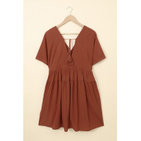 Brown Kimono Sleeve V-neck Babydoll Tiered Mini Dress