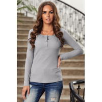 Gray Solid Color Ribbed Texture Slim Top with Button