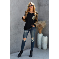 Black Round Neck Leopard Print Sequin Long Sleeve Top