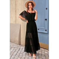 Black Off Shoulder Ruffle Swiss Dot Maxi Dress