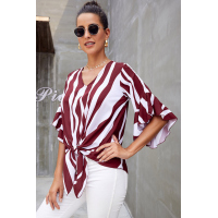 Red Vertical Stripes V Neck 3/4 Sleeve Blouse