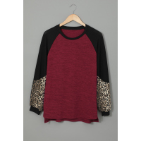 Wine Leopard Splicing High and Low Hem Lantern Sleeve Top with Slits