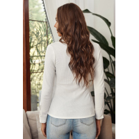 White Scoop Neck Button Closure Ribbed Long Sleeve Top