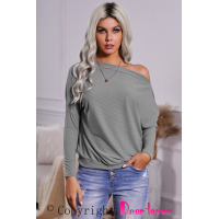 Gray Off Shoulder Ribbed Texture Raglan Long Sleeve Top