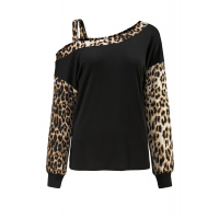 Dew Shoulder Leopard Stitching Long-sleeved Blouse