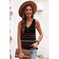 Black V Neck Striped Pattern Knit Tank Top with Buttons