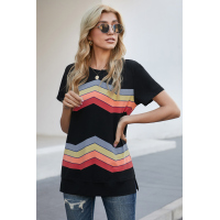 Black Colorful Wavy Stripes Print Short Sleeve Tee