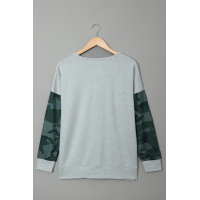 Gray Camo Lace-Up Side Split Hem Long Sleeve Top