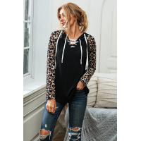 Lace Up Neck Leopard Long Sleeves Top