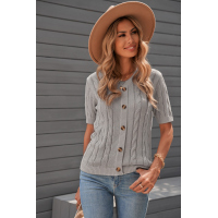 Khaki Cable Knit Short Sleeve Top with Buttons