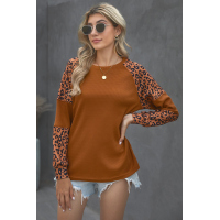 Leopard Print Accent Brown Waffle Long Sleeve Top