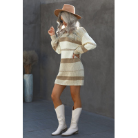 Beige Color Block Cable Knit Sweater Dress