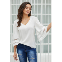 White Flare Sleeve V Neck Loose Blouse