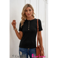 Black Buttoned Ribbed Knit Short Sleeve Top