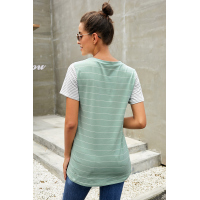 Green Striped Short Sleeve Contrast Color T-Shirt with Pocket