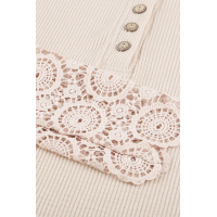 Beige Crochet Lace Hem Sleeve Button Top