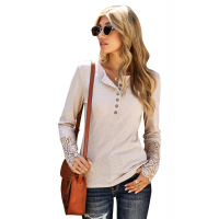 Beige Crochet Lace Hem Sleeve Button Top