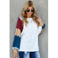 White Lantern Sleeve Color Block Pullover Loose T-shirts