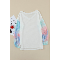 White V Neck Tie-dye Knitted Texture Hollow Out Puff Long Sleeve Top