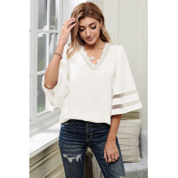 White V Lace Neckline 3/4 Bell Mesh Sleeves Blouse