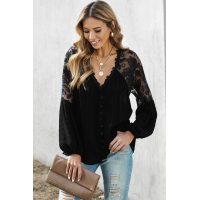 Black V Neckline Lace Shoulder Patchwork Blouse