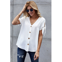 White Casual Tie Knot Short Sleeve V-Neck Button Chiffon Blouse