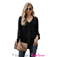 Black V Neck 3/4 Sleeve High Low Hem Shirt