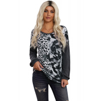 Gray Leopard&Camo Splicing Waffle Knit Top