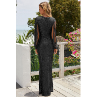 Black Sequin Fringe Sleeve Prom Maxi Dress