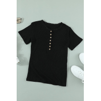 Black Buttoned Ribbed Knit Short Sleeve Top