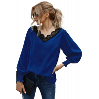 V Neck Lace Patchwork Blue Blouse