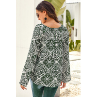 Green Long Sleeve V Neck Printed Chiffon Blouse