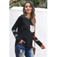 Black Crew Neck Rhinestone Pocket Long Sleeve Top