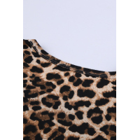 Leopard Print Splicing Apricot Striped Long Sleeve Top with Front Twist 