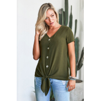 Green Button Up Front Tie Detail Woven Top